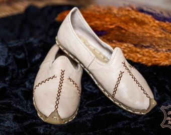 HOMBRES CREMA LISO Cuero genuino turco Hecho a mano Aladdin Zapatos yemeníes, Zapatillas, Natural, Colorido, Slip-On