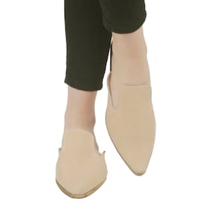 BEIGE NUBUCK Turkish Genuine Leather Handmade Point Toe Heeled Mules, Sandals, Slipper, Natural, Colorful, Slip-On