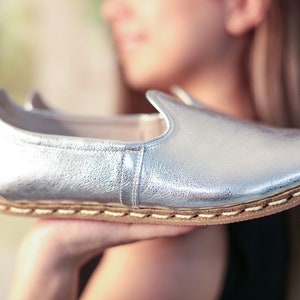 Women SILVER BRIGHT Turkish Genuine Leather Handmade SPORT Yemeni Shoes, Natural, Colorful, Slip-On