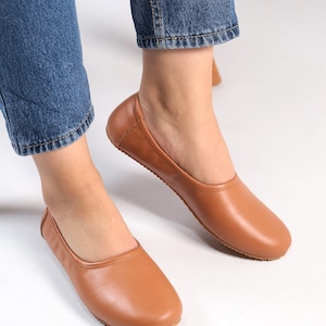 Frauen flache Ballett-TAN GLATT Leder, handgefertigt, jemenitische Hausschuhe, natürlich, bunt, Slip-On