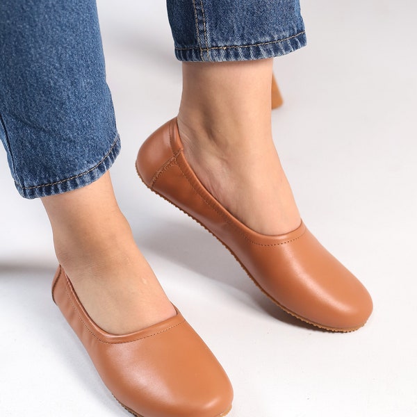 Women Flat Ballet TAN SMOOTH Leather, Handmade, Yemeni Slippers, Natural, Colorful, Slip-On