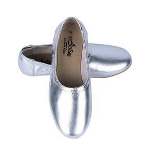 Puede incluir: Un par de bailarinas plateadas con un dise&ntilde;o sencillo. Las bailarinas son de cuero y tienen una punta puntiaguda. El nombre de la marca "Antae" est&aacute; impreso en el interior del zapato.