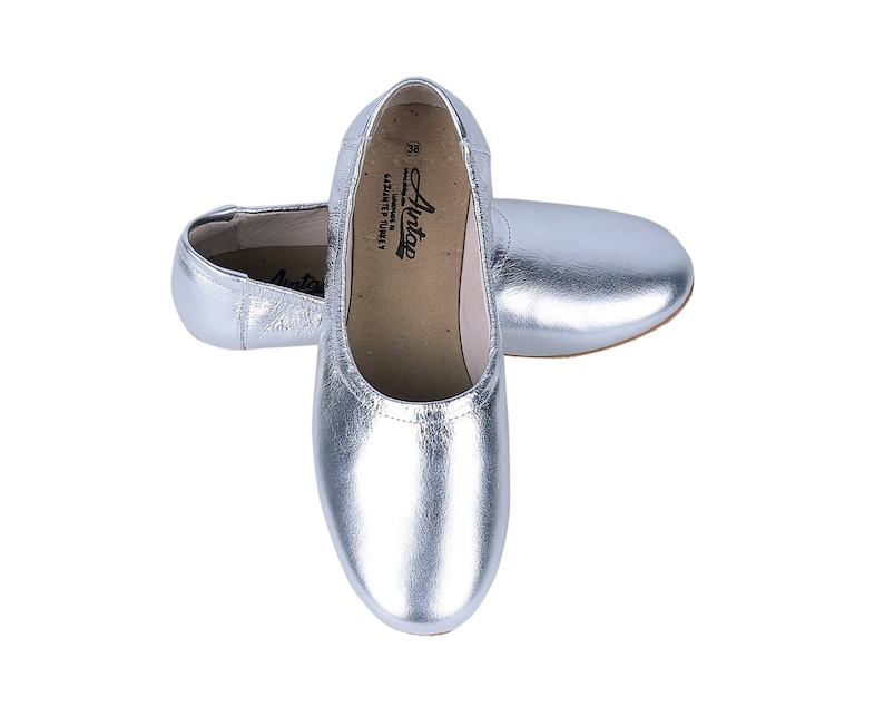 Puede incluir: Un par de bailarinas plateadas con un dise&ntilde;o sencillo. Las bailarinas son de cuero y tienen una punta puntiaguda. El nombre de la marca "Antae" est&aacute; impreso en el interior del zapato.