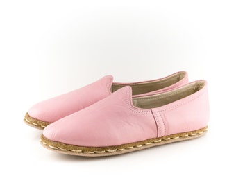 Women PINK SMOOTH Turkish Genuine Leather Handmade  SPORT Yemeni Shoes, Natural, Colorful, Slip-On