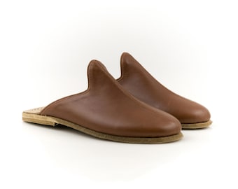 MEN Dark BROWN SMOOTH Turkish Genuine Leather Handmade Yemeni Slippers, Natural, Colorful, Slip-On