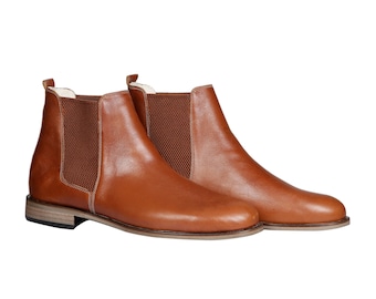 MEN Handmade CHELSEA Ankle Dress Boots, BROWN Smooth Leather, Natural, Colorful, 100% Leather Made in Turkey