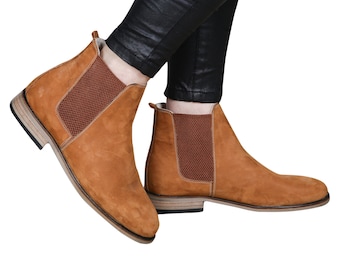 Women Handmade CHELSEA Ankle Dress Boots, TAN Nubuck Leather, Natural, Colorful, 100% Leather Made in Turkey