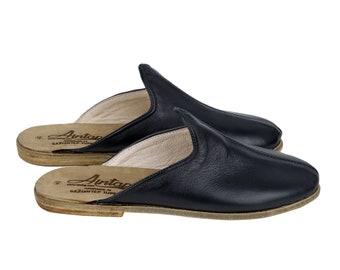 Women Mule BLACK Smooth Turkish Genuine Leather, Handmade, Yemeni Slippers, Natural, Colorful, Slip-On