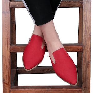 RED NUBUCK Turkish Genuine Leather Handmade Point Toe Heeled Mules, Sandals, Slipper, Natural, Colorful, Slip-On