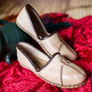 Women CREAM SMOOTH Turkish Genuine Leather Handmade ALADDIN Yemeni Shoes, Natural, Colorful, Slip-On