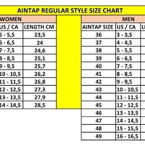 Puede incluir: Un gr&aacute;fico amarillo con borde negro que muestra tallas de zapatos en tallas de EE. UU. y Canad&aacute;, y la longitud correspondiente en cent&iacute;metros. El gr&aacute;fico est&aacute; dividido en dos secciones, una para mujeres y otra para hombres.