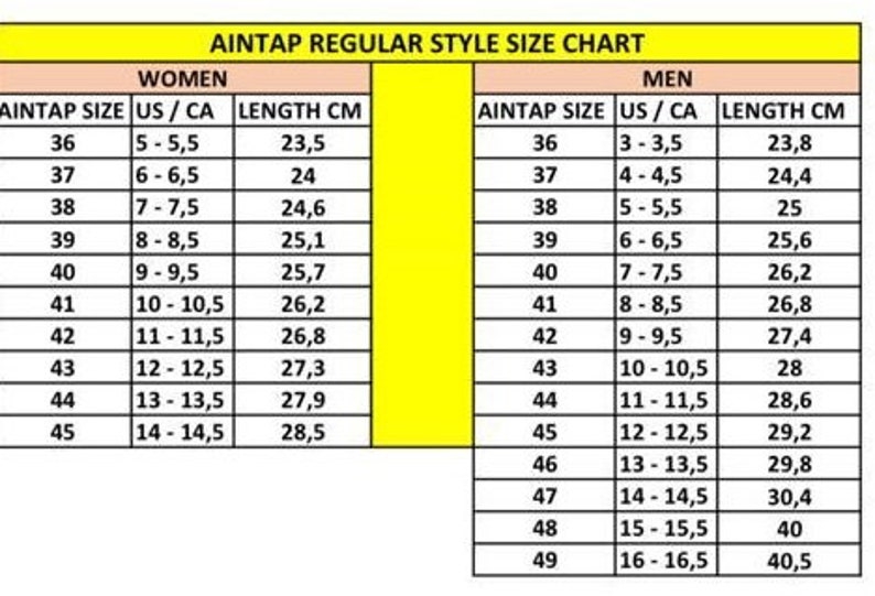 Puede incluir: Un gr&aacute;fico amarillo con borde negro que muestra tallas de zapatos en tallas de EE. UU. y Canad&aacute;, y la longitud correspondiente en cent&iacute;metros. El gr&aacute;fico est&aacute; dividido en dos secciones, una para mujeres y otra para hombres.