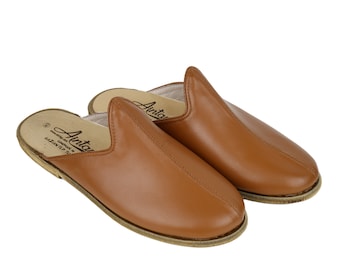 Women Mule TAN Smooth Turkish Genuine Leather, Handmade, Yemeni Slippers, Natural, Colorful, Slip-On