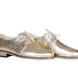 Women Handmade OXFORD Dress Shoes, GOLD Leather, Natural, Colorful, 100% Leather Made in Turkey