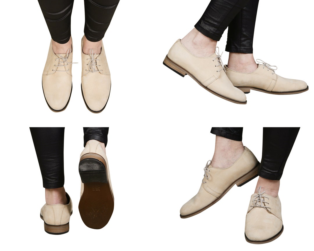 Women Handmade OXFORD Dress Shoes, BEİGE Nubuck Leather, Natural