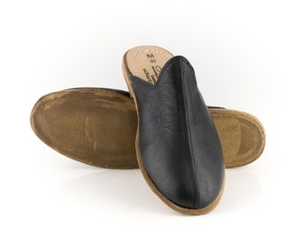 MEN BLACK SMOOTH Turkish Genuine Leather Handmade Yemeni Slippers, Natural, Colorful, Slip-On