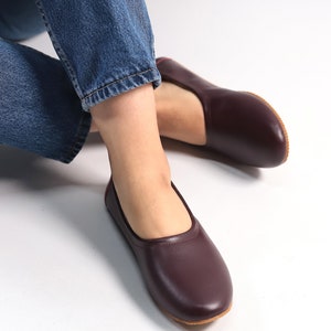 Frauen Wohnung Ballett BURGUND GLATT Leder, handgefertigt, jemenitische Hausschuhe, natürlich, bunt, Slip-On