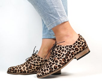 Frauen Handgemachte OXFORD Schuhe, LEOPARD Kalbshaar Leder, Natürlich, Bunt, 100% Leder Made in Türkei