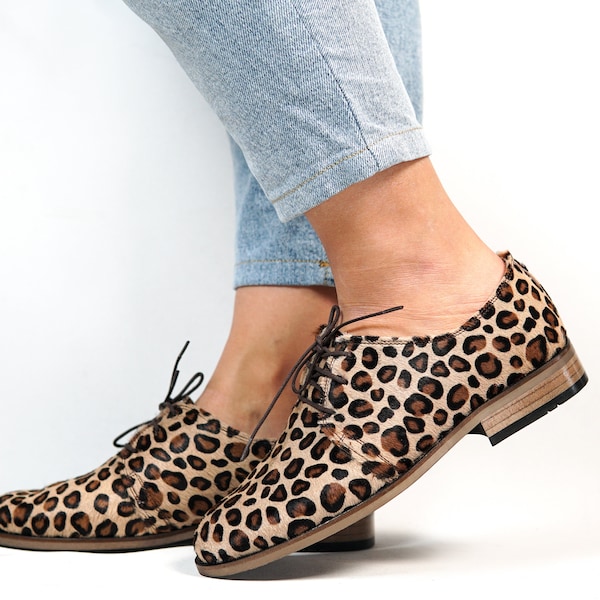 Zapatos de vestir OXFORD hechos a mano para mujer, piel de becerro LEOPARDO, natural, colorido, 100% cuero hecho en Turquía