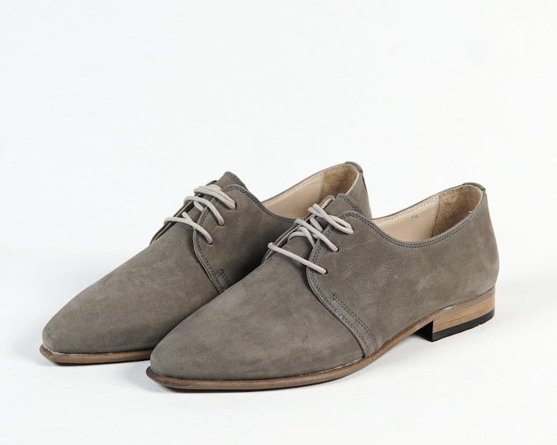 Point Toe Oxford GRAY NUBUCK Turkish Genuine Leather Handmade Point Toe Heeled Oxford, Natural, Colorful, Shoes image 2