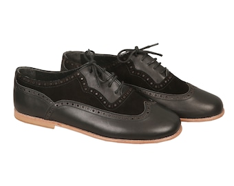 Handmade Men's Wingtip Oxford Shoes: Black Leather Suede Lace-Up