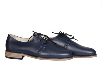 Zapatos Oxford de vestir para mujer hechos a mano: cuero azul marino