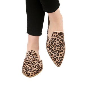 LEOPARD CALF Hair Turkish Genuine Leather Handmade Point Toe Heeled Mules, Sandals, Slipper, Natural, Colorful, Slip-On