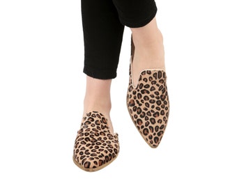 LEOPARD CALF Hair Turkish Genuine Leather Handmade Point Toe Heeled Mules, Sandals, Slipper, Natural, Colorful, Slip-On