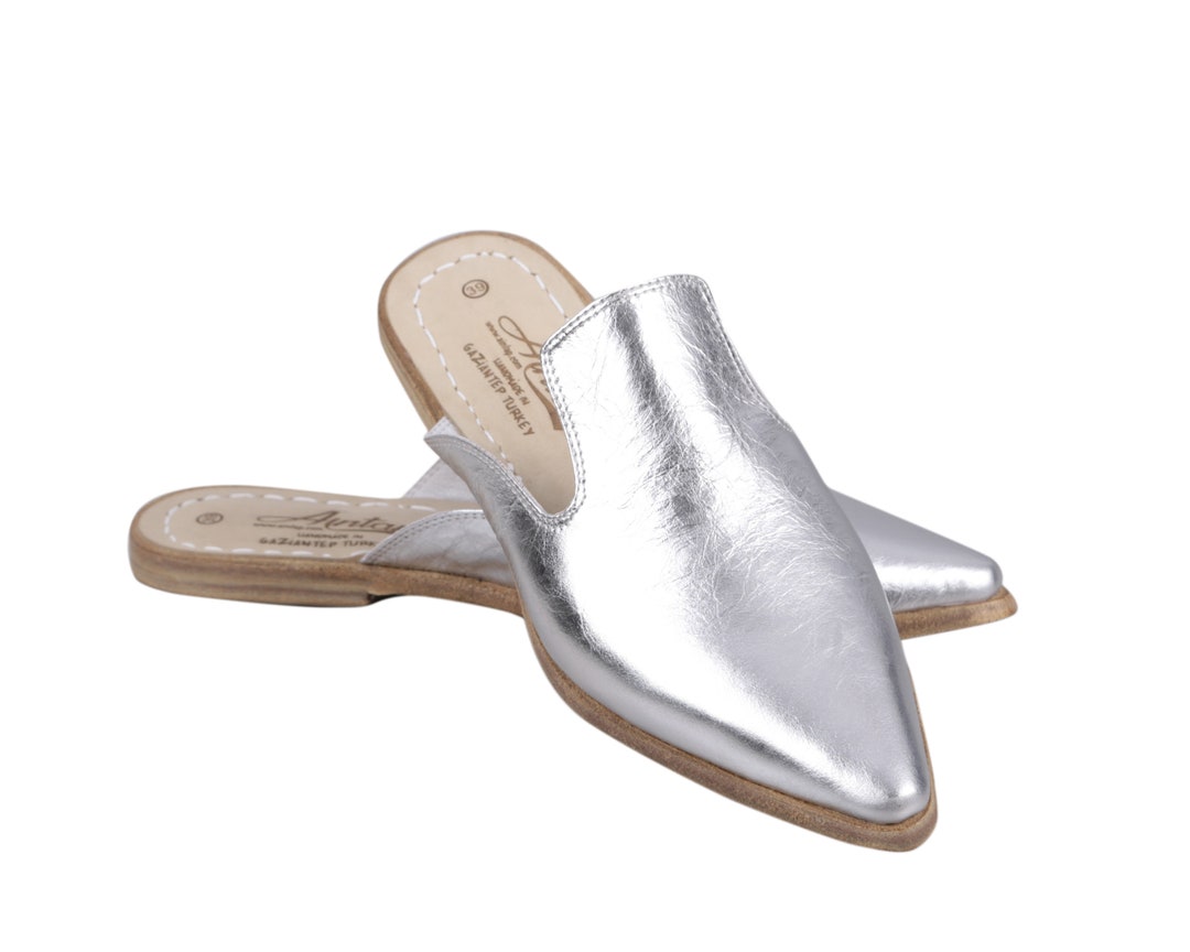 SILVER BRIGHT Turkish Genuine Leather Handmade Point Toe Heeled Mules ...