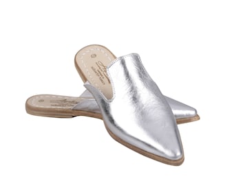 Silver Leather Mules: Handmade Turkish Point Toe Slippers