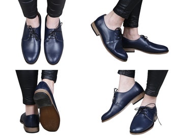 Women Handmade OXFORD Dress Shoes, NAVY BLUE Smooth Leather, Natural, Colorful, 100% Leather Made in Turkey