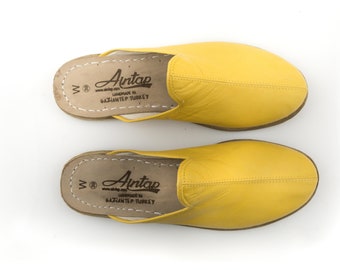 Women Mule YELLOW SMOOTH  Leather Handmade Yemeni Slippers, Natural, Colorful, Slip-On