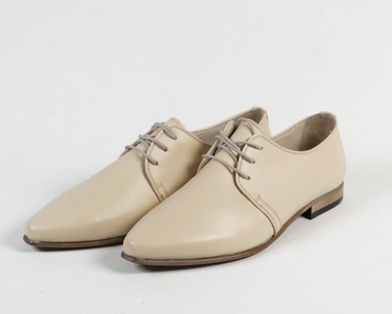 Cream Leather Point Toe Oxford Shoes - Handmade Turkish Heeled Oxfords