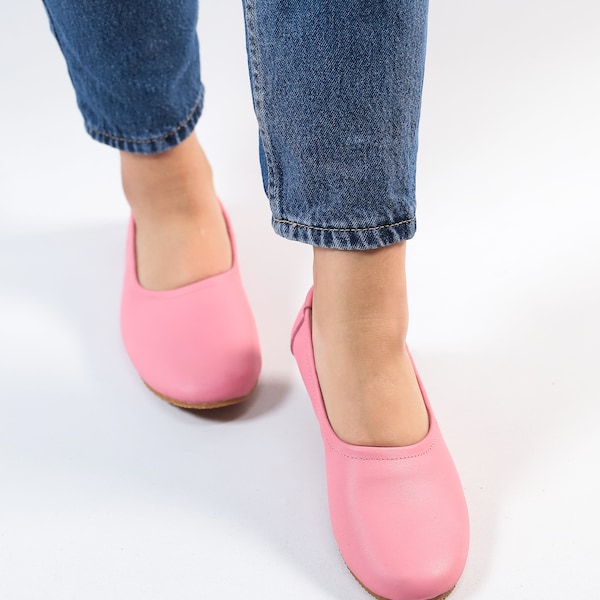 Women Flat Ballet PINK SMOOTH Leather, Handmade, Yemeni Slippers, Natural, Colorful, Slip-On