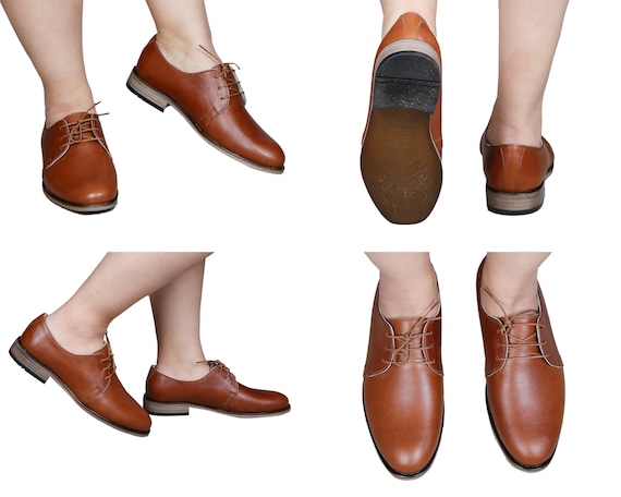 Women Handmade OXFORD Dress Shoes BROWN Smooth Leather Natural