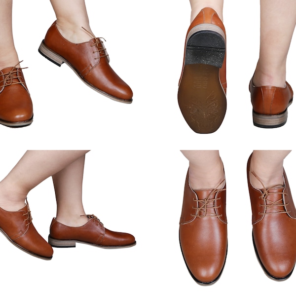 Women Handmade OXFORD Dress Shoes, BROWN Smooth Leather, Natural, Colorful, 100% Leather Made in Turkey