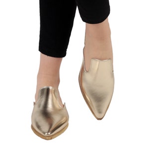 Gold Leather Point Toe Mules: Handmade Turkish Slippers