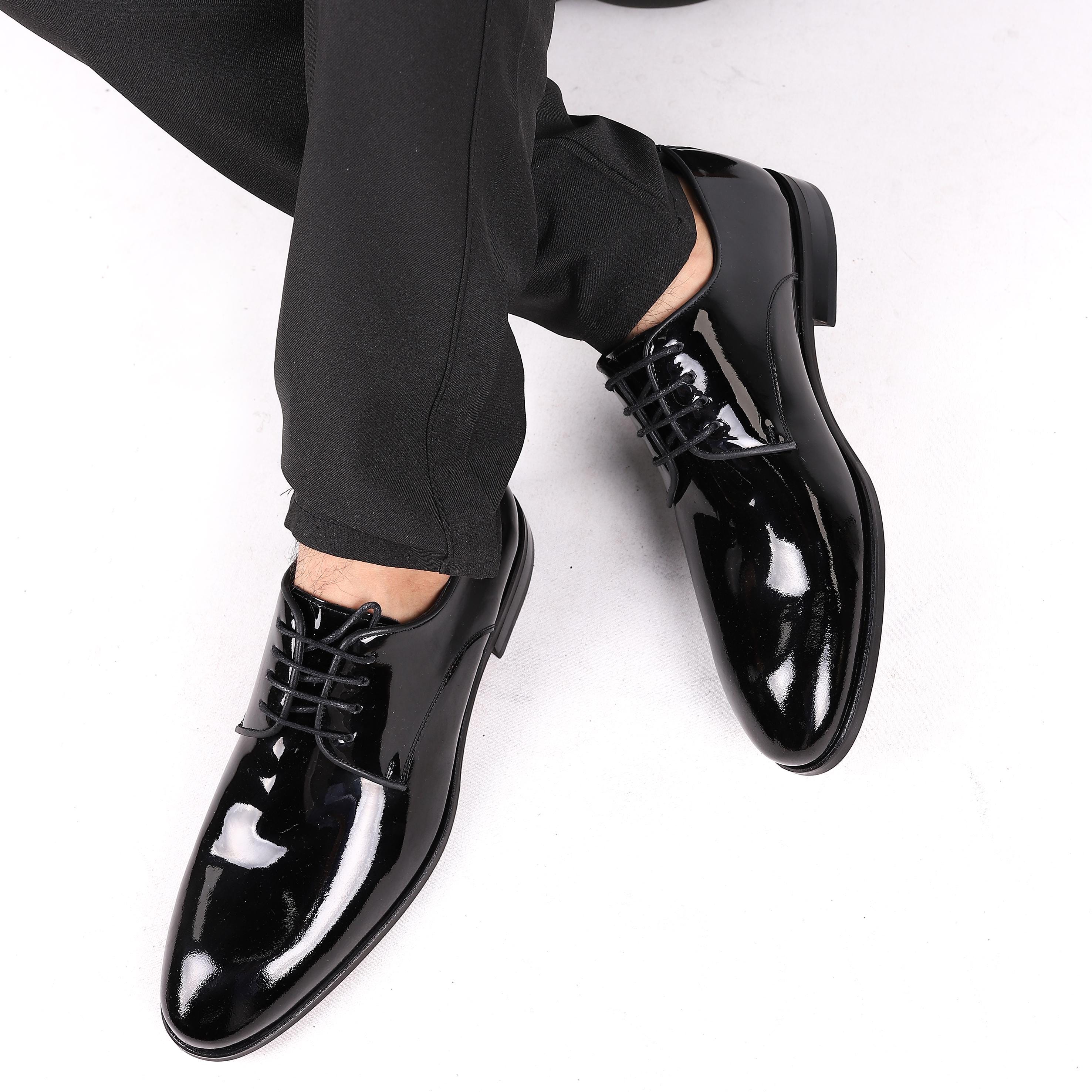 chinese dress ladies Black Tuxedo Shoes Patent Leather Wedding Shoes for Men Cap Toe Lace Up Formal Business Oxford Shoes 10 US main image 0