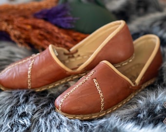 Women TAN SMOOTH Turkish Genuine Leather Handmade ALADDIN Yemeni Shoes, Natural, Colorful, Slip-On