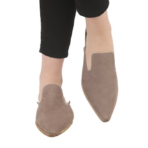 SMOKED NUBUCK Turkish Genuine Leather Handmade Point Toe Heeled Mules, Sandals, Slipper, Natural, Colorful, Slip-On