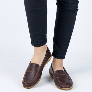 Handmade Dark Brown Leather Loafers: Women's Business Casual Shoes image 2