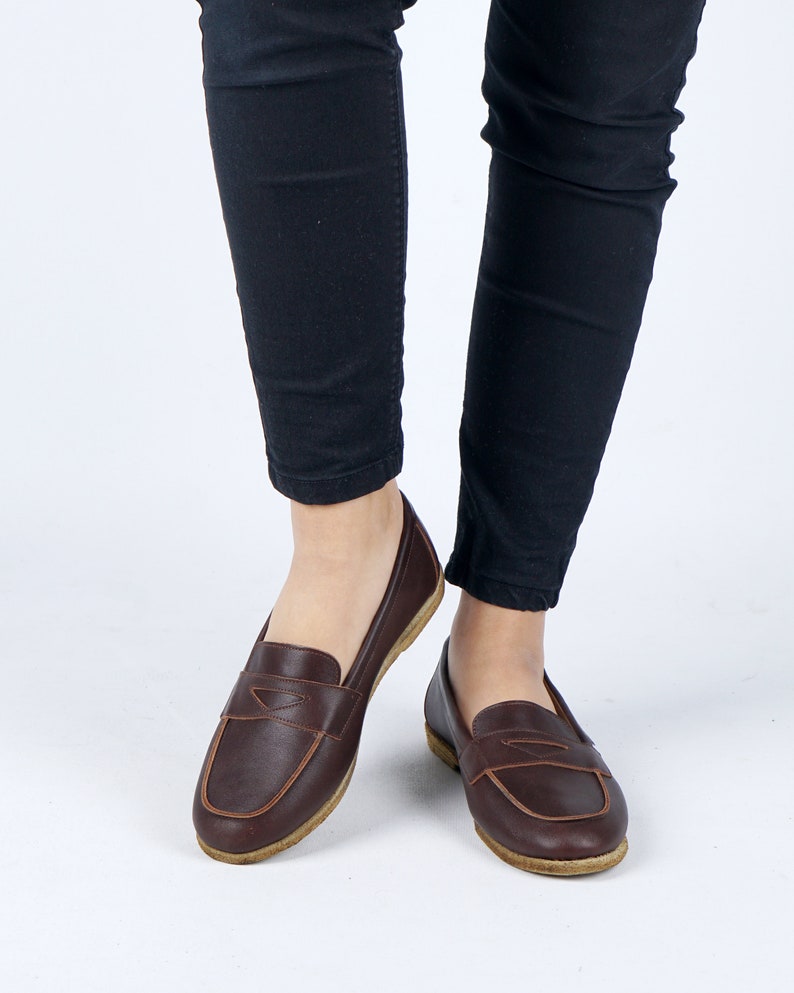 Handmade Dark Brown Leather Loafers: Women's Business Casual Shoes image 2