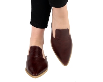 Dark BROWN SMOOTH Turkish Genuine Leather Handmade Point Toe Heeled Mules, Sandals, Slipper, Natural, Colorful, Slip-On
