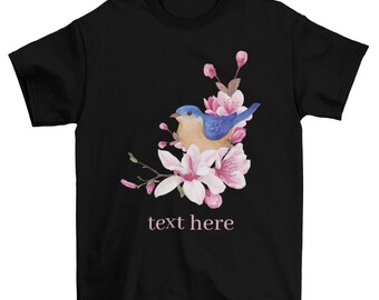 Customized Blue Head Yellow Belly Spring Bird Surrounded By Red Blossoms Classic T-Shirt