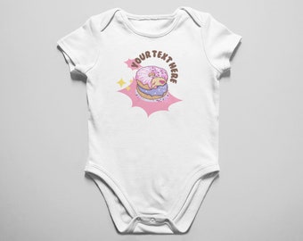 Customized Cute Donut Bodysuit, foods, pink, delicious, infant, toddler, cute design, custom text.