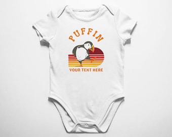 Customized Retro Puffin Bird Sunset Bodysuit, Cute Little Baby Puffin, Cute Little Baby Bird Design Print