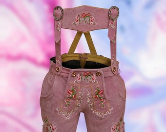 Women Suede Lederhosen Traditional German Leather Short Rose Pink, Festivities Leather Trouser with Embroidery, Gift for Her