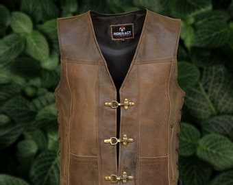 Mens Harley Distress Leather Vest Antique Clasp Closure Genuine Cowhide Motorcycle Waistcoat, Hunter Club Vest Lederweste Easter Gift