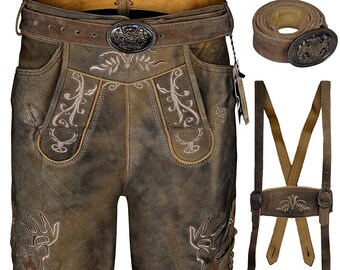 Antiqued Lederhosen Authentic Leather Suede Lederhosen Bavarian Traditional Men Short with Belt and Suspenders