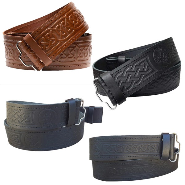 Traditional Men Scottish Celtic Knot Kilt Belt Highland Clothing Accessories Black Leather Belt Embossed with Celtic Pattern Groomsmen Gift